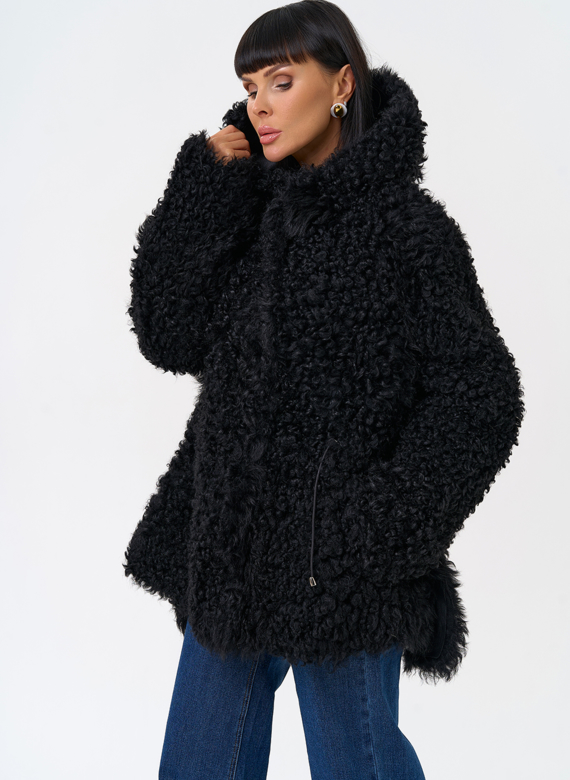 Женская двухсторонняя дубленка с капюшоном