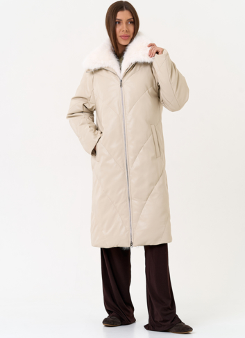 Женский пуховик из эко кожи с отделкой из эко меха