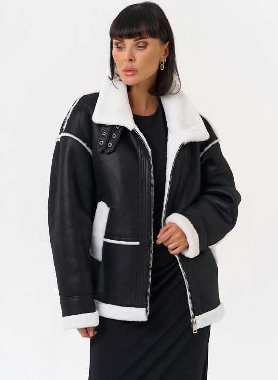 Женская дубленка из эко замши с воротником стойкой