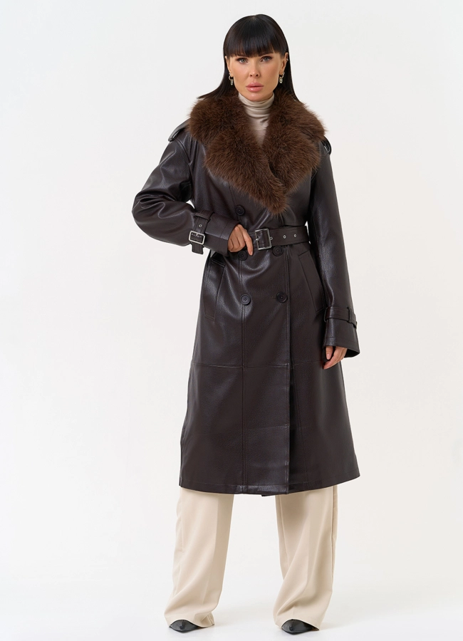 Женское утепленное пальто из экокожи с воротником из эко меха модель № 30704 меха малина