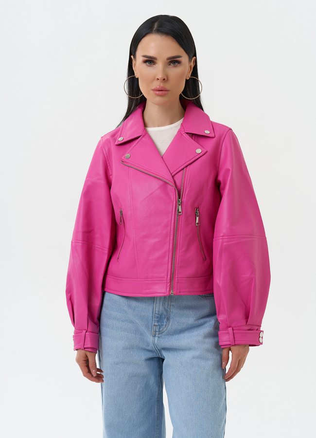 Куртка косуха из эко кожи розового цвета модель № 30306 меха малина