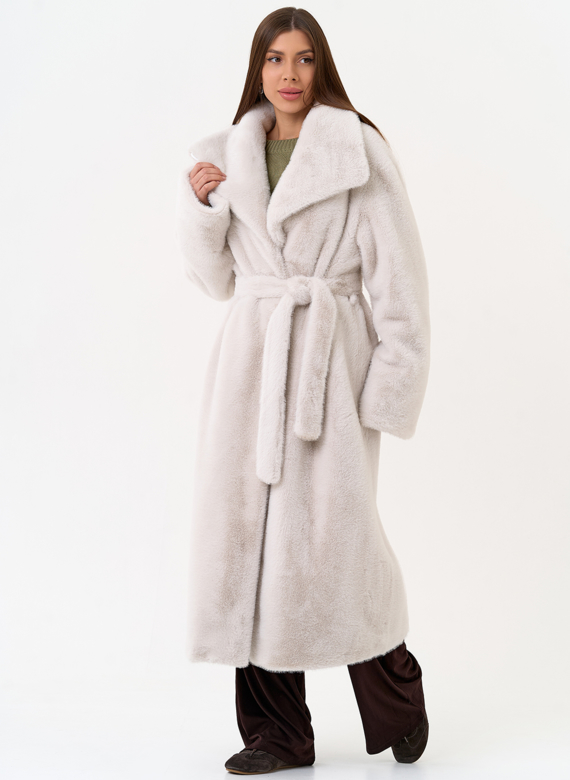 Длинная шуба из эко меха с отложным воротником