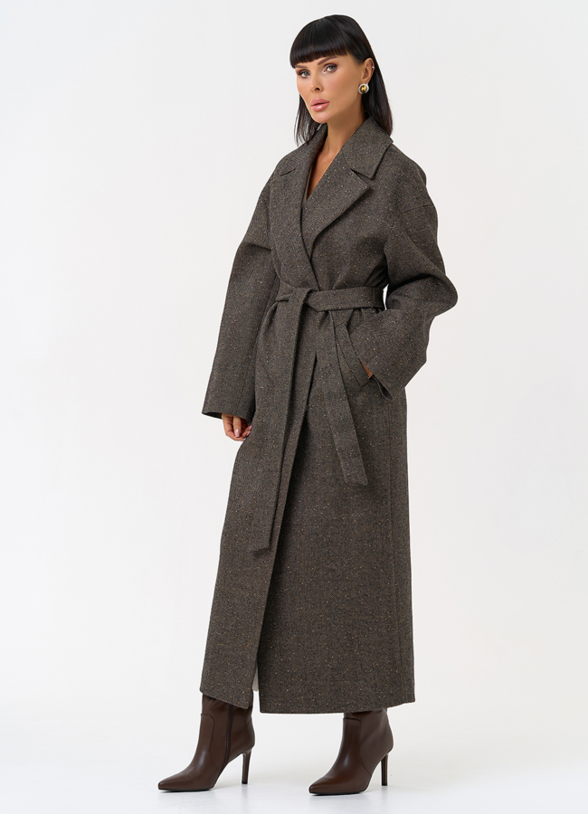 фото Женское длинное пальто с английским воротником модель № 31417
