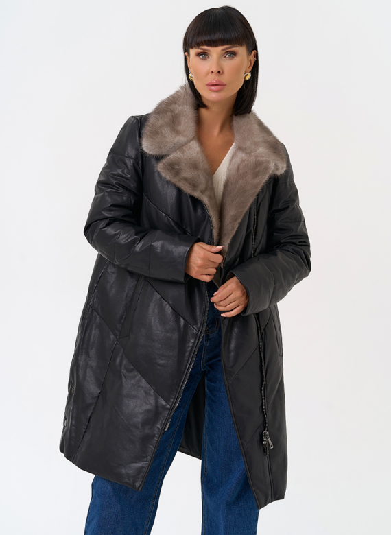 Пуховик из натуральной кожи с воротником из меха норки