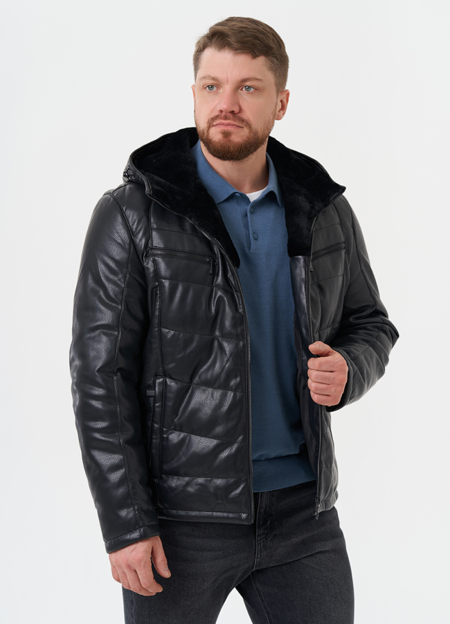 Утепленная куртка из эко кожи с капюшоном модель № 27739 универмаг малина