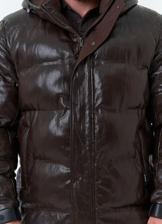Мужской пуховик из эко кожи с капюшоном модель № 34086 универмаг малина фото