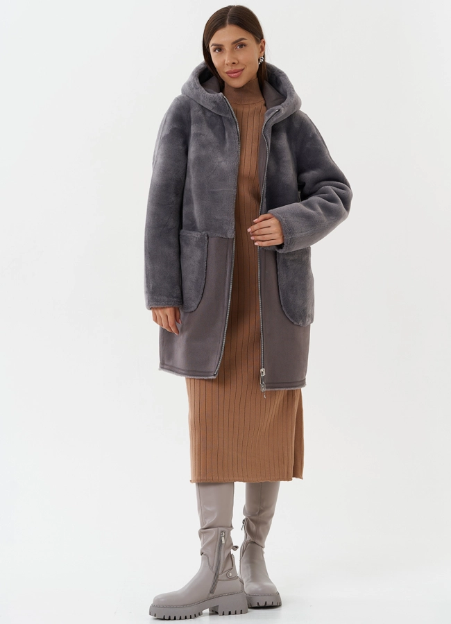Двухсторонняя эко дубленка с капюшоном модель № 27764 универмаг малина