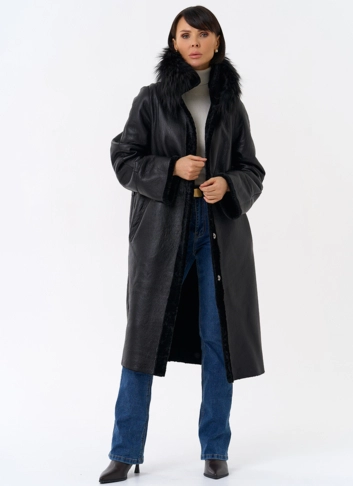 Женская двухстороняя дубленка с воротником из меха чернобурой лисы фото