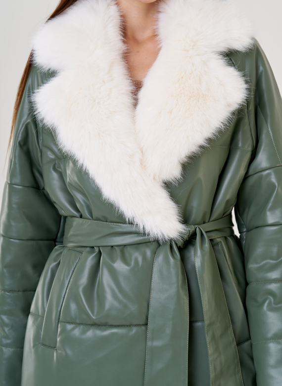 Женский классический пуховик Malina Siberian из эко кожи в зеленом цвете