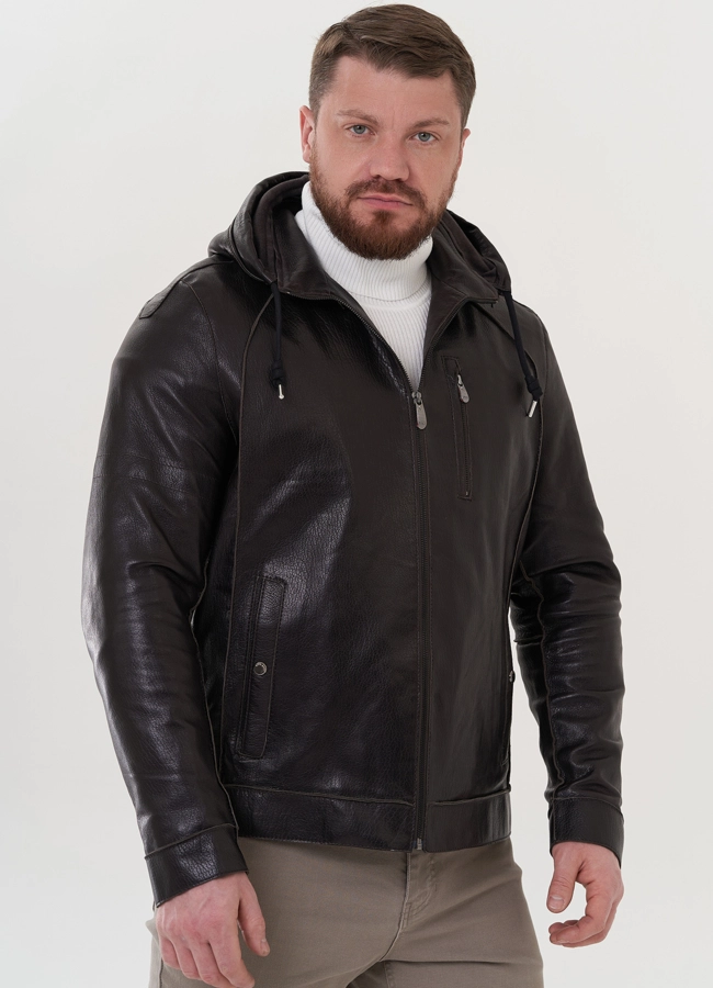 фото Мужская кожаная куртка с капюшоном модель № 24388