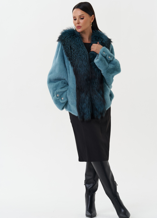 фото Короткая шуба из норки с мехом из чернобурки  модель № 25474