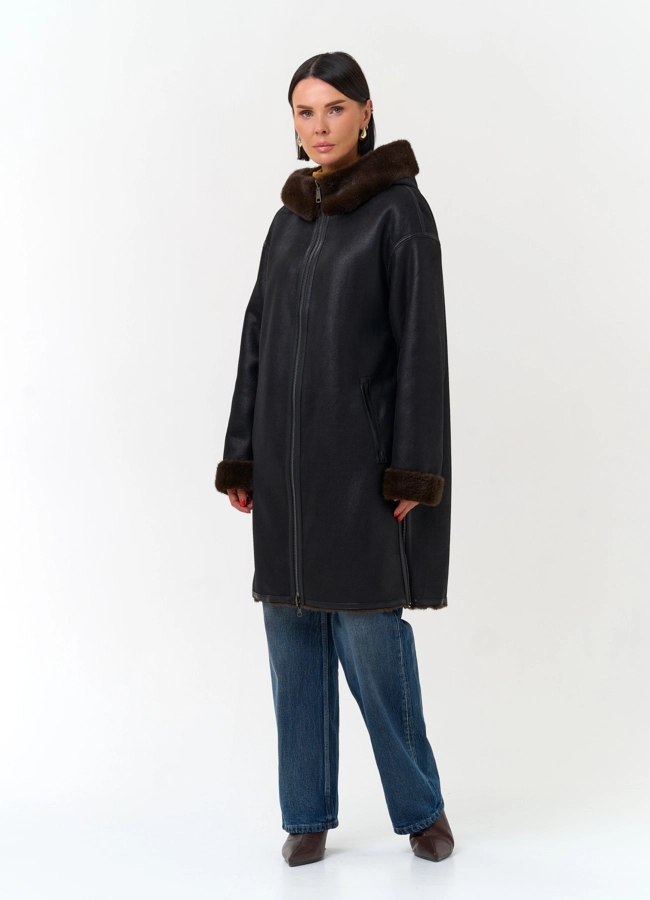 Женская дубленка из эко замши модель № 33916 универмаг малина