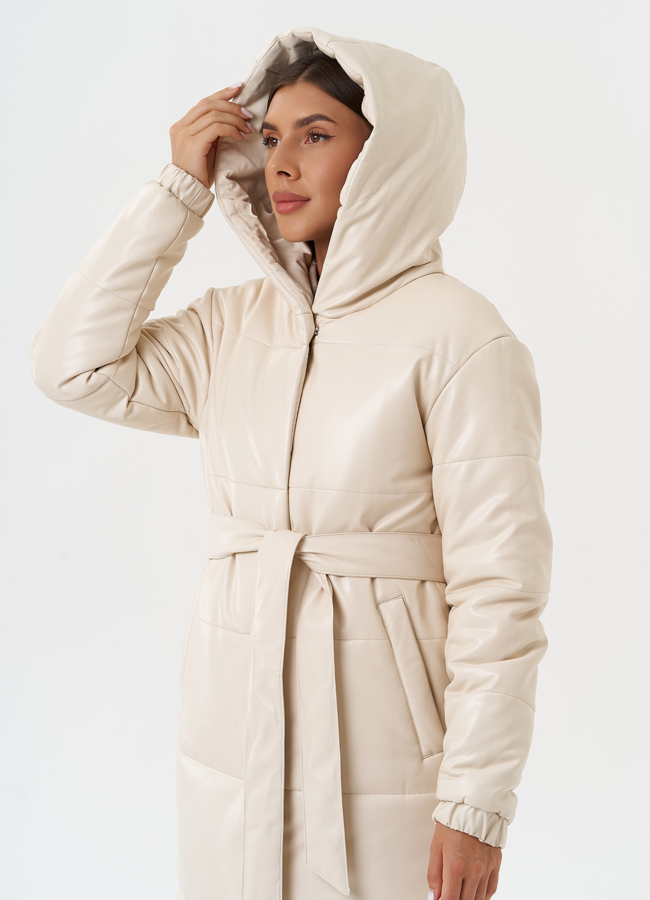 Пуховик из эко кожи с капюшоном модель № 27702 универмаг малина