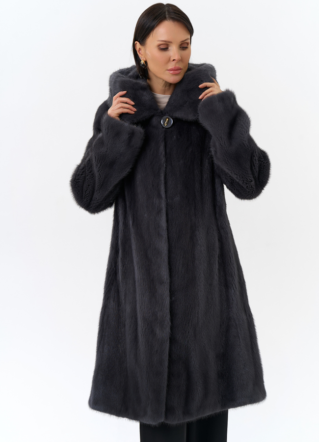 Норковая шуба годе/балетка в роспуск с капюшоном цвета графит модель № 27646 универмаг малина