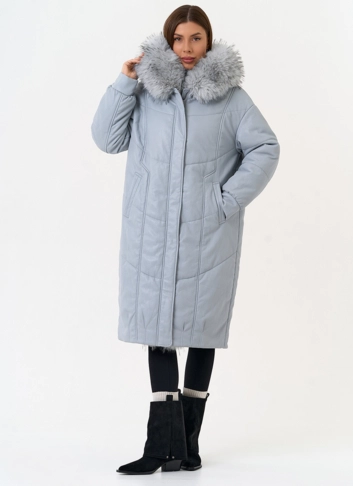 Женский пуховик из эко кожи с отделкой из эко меха