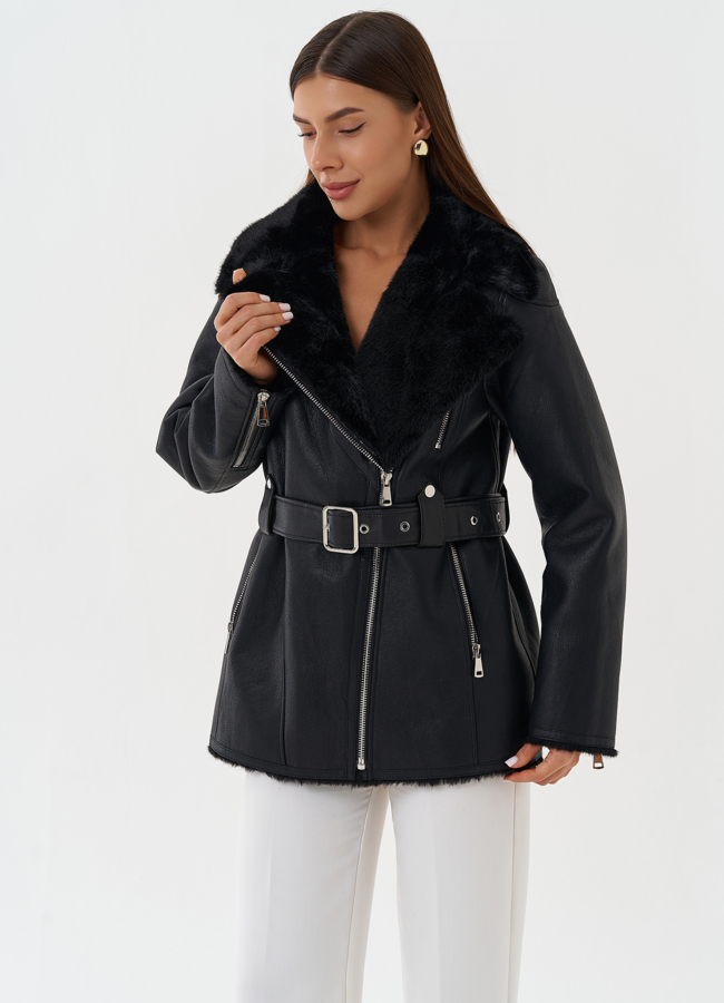 Эко дубленка с английским воротником модель № 27758 в кредит