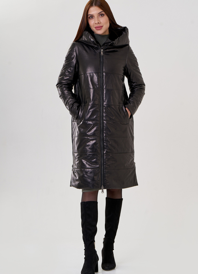 фото Женский пуховик из натуральной кожи с капюшоном  модель № 18231